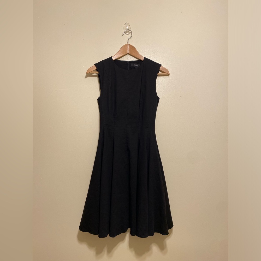 THEORY LINEN BLEND Black Sleeveless Fit-and-Flare Mini Dress with pockets. 00